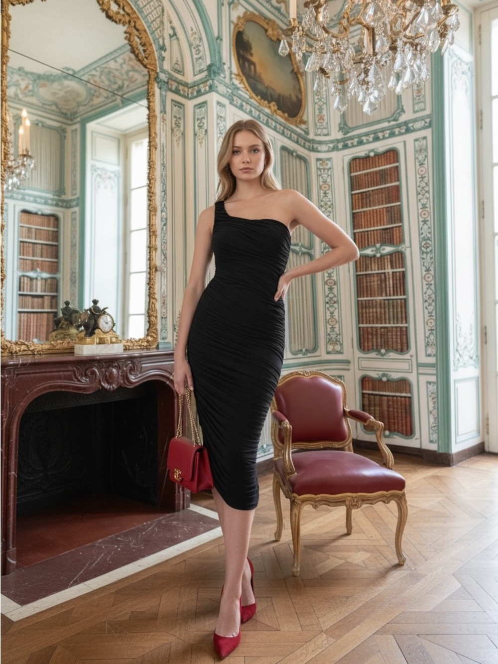 Aritzia One-Shoulder Black Ruched Midi Dress